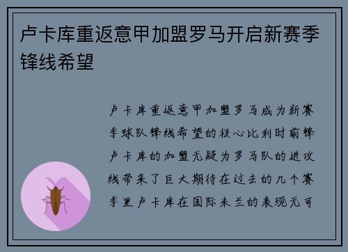 卢卡库重返意甲加盟罗马开启新赛季锋线希望